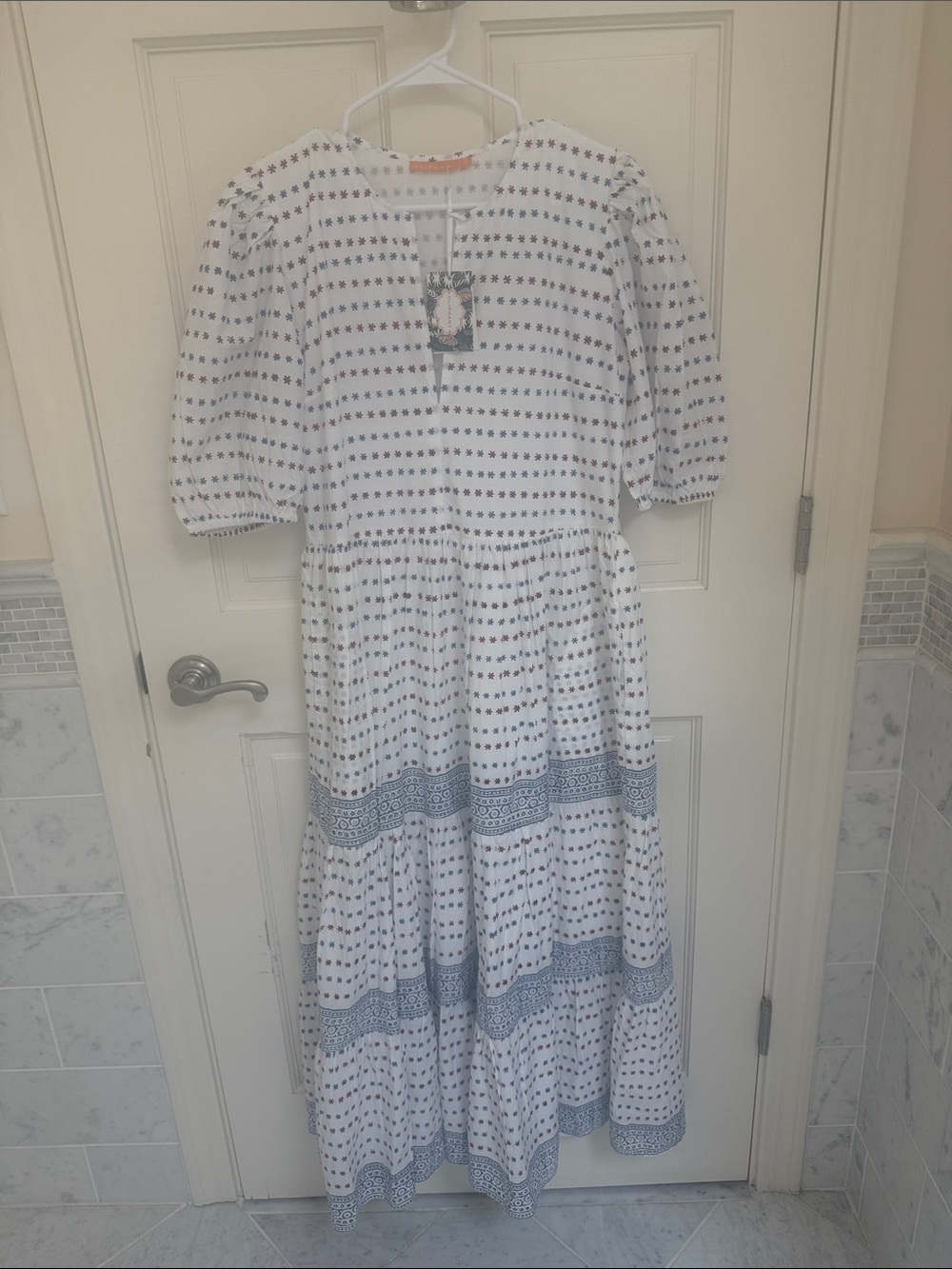 Oliphant White Maxi Dress with Blue Print